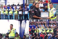 Bupati Kerinci Monadi berfoto bersama jajaran Polres, komunitas otomotif, dan tamu undangan usai mengikuti kegiatan Safety Riding Touring Lokal dalam rangka Hari Bhayangkara ke-79