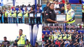 Bupati Kerinci Monadi berfoto bersama jajaran Polres, komunitas otomotif, dan tamu undangan usai mengikuti kegiatan Safety Riding Touring Lokal dalam rangka Hari Bhayangkara ke-79