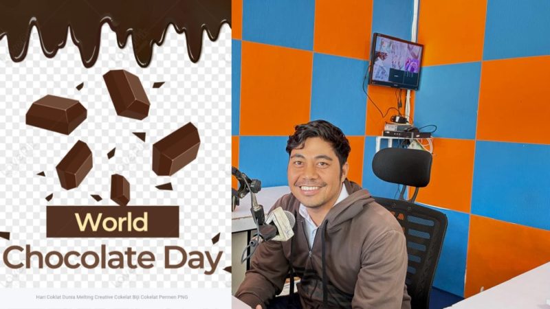 Sudirman, penyiar RRI Sungai Penuh, turut merayakan Hari Cokelat Internasional  berbagi cerita  manfaat cokelat.(Foto inbrita)