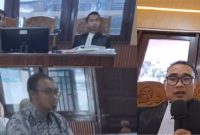 Majelis hakim saat mendengarkan keterangan ahli dari BPKP dalam sidang lanjutan kasus korupsi proyek Stadion Mini Sungai Bungkal, di Pengadilan Tipikor Sungai Penuh.
