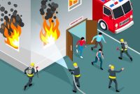 Ilustrasi proses petugas pemadam kebakaran memadamkan api menjalar di sebuah bangunan dan mengevakuasi Pasien (Foto: Ilustrasi/Freepik