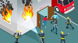 Ilustrasi proses petugas pemadam kebakaran memadamkan api menjalar di sebuah bangunan dan mengevakuasi Pasien (Foto: Ilustrasi/Freepik