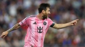 Lionel Messi merayakan gol ke gawang New England Revolution dalam pertandingan MLS bersama Inter Miami ( Google)

