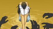 Remaja perempuan duduk di rumah perlindungan bersama petugas sosial dan polisi perempuan, dalam suasana aman dan tenang.