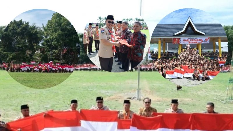 Walikota Sungai Penuh bersama Forkopimda menyerahkan bendera merah putih kepada tokoh masyarakat pada peringatan Hari Pramuka ke-64.

