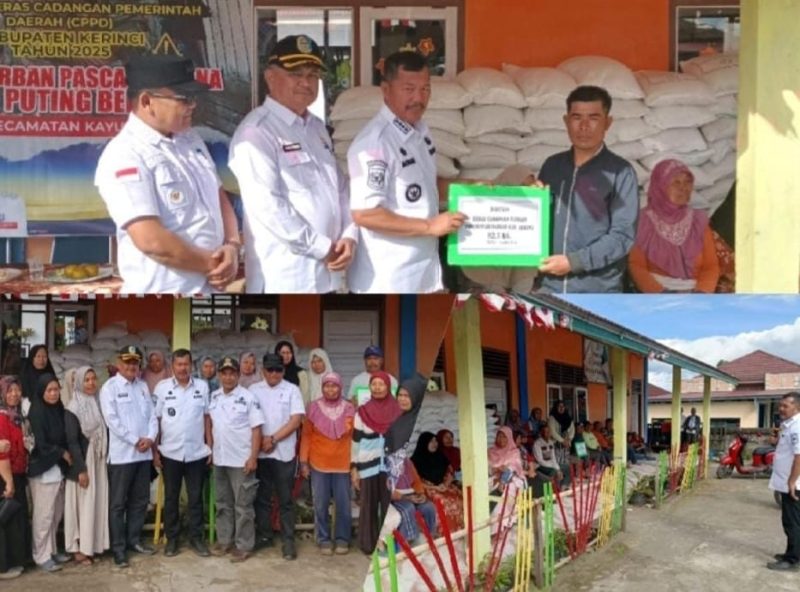 Bupati Kerinci, Monadi, menyerahkan langsung bantuan beras CPPD kepada warga terdampak angin puting beliung di Desa Batang Sangir, Kecamatan Kayu Aro, Rabu (20/8/2025).”