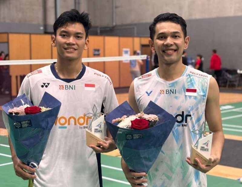 Fajar Alfian/Muhammad Shohibul Fikri saat bertanding di final French Open 2025 menghadapi Kim Won Ho/Seo Seung Jae di Paris, Minggu (26/10/2025).