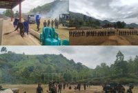 Personel Kodim 0417/Kerinci membersihkan area Stadion Mini Pondok Tinggi, Kecamatan Kota Sungai Penuh, sebagai persiapan pembukaan TMMD ke-126. (Foto: Dok. Kodim 0417/Kerinci)
