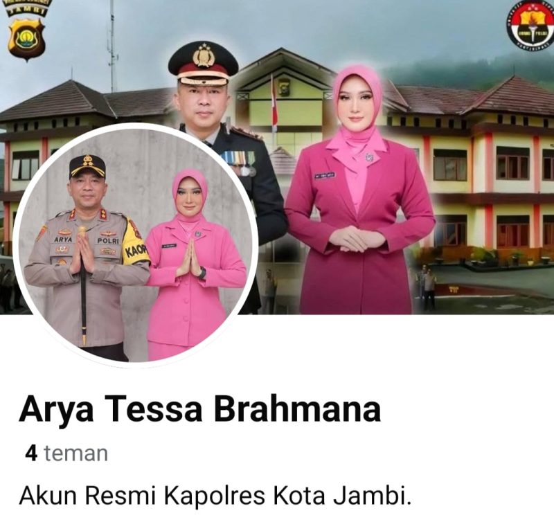 Tampilan akun Facebook palsu yang mencatut nama Kapolres Kerinci, AKBP Arya Tesa Brahmana, S.I.K. Akun tersebut mengklaim sebagai “Akun Resmi Kapolres Kota Jambi” dan telah dinyatakan tidak benar oleh Humas Polres Kerinci.