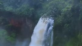Air Terjun Telun Berasap di Kayu Aro, Kerinci, memancarkan keindahan alami dengan kabut putih tebal yang muncul dari derasnya aliran air di tengah hutan tropis.