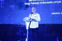 Sekjen Kemnaker Cris Kuntadi berbicara dalam acara Agyakari Awards 2025 di Jakarta, Selasa (14/10/2025).