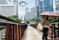 Warga Jakarta melindungi diri dari teriknya matahari saat cuaca panas ekstrem melanda ibu kota, 