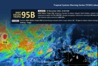 Peta analisis BMKG menampilkan Bibit Siklon Tropis 95B di Selat Malaka dan Siklon Tropis KOTO yang memicu cuaca ekstrem di Sumatra.