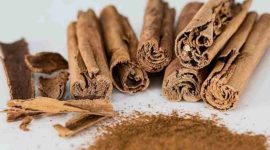 Ilustrasi batang dan bubuk kulit kayu manis kering.