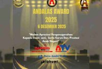 Poster resmi Andalas Award 2025 yang menampilkan jadwal acara penganugerahan pada 6 Desember 2025.( Foto Andalas)