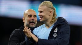 Pep Guardiola menilai Erling Haaland sudah selevel Lionel Messi dan Cristiano Ronaldo (Foto: REUTERS/Phil Noble)