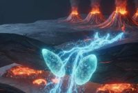 Ilustrasi perubahan struktur talc yang menyerap air dan mengembang di kedalaman zona subduksi.