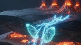 Ilustrasi perubahan struktur talc yang menyerap air dan mengembang di kedalaman zona subduksi.