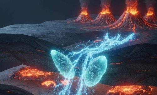 Ilustrasi perubahan struktur talc yang menyerap air dan mengembang di kedalaman zona subduksi.