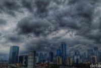 Awan cumulonimbus gelap menutupi langit Jakarta, menandakan potensi hujan lebat dan cuaca ekstrem.