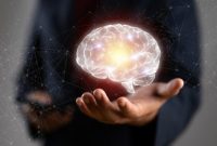 Ilustrasi otak digital yang menunjukkan hubungan antara kecerdasan, teknologi, dan pengembangan kemampuan berpikir.