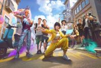 Para karakter dan pemain Free Fire menampilkan aksi seru di jalan kota, lengkap dengan efek visual warna-warni dan kendaraan, menggambarkan keseruan gameplay game battle royale ini.