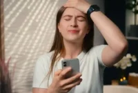 Ekspresi kebingungan seorang perempuan saat membaca pesan mencurigakan di ponsel yang diduga terkait penipuan digital.