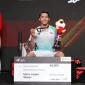 Jonatan Christie merayakan kemenangan usai memastikan gelar juara dalam salah satu turnamen BWF World Tour 2025.