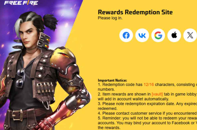Tampilan halaman penukaran kode redeem Free Fire melalui situs resmi Garena reward.ff.garena.com