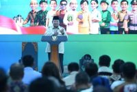 Presiden Prabowo Subianto menyampaikan pidato saat meresmikan akad massal 50.030 KPR FLPP di Serang, 20 Desember 2025.