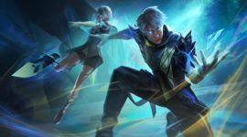 Dua karakter Free Fire tampil dengan efek visual futuristik dan kekuatan energi saat beraksi di medan pertempuran.