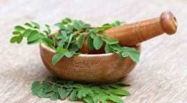 Daun kelor segar yang digunakan sebagai bahan herbal tradisional kaya nutrisi.