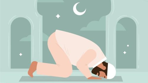 Ilustrasi sholat tahajud yang dikerjakan seorang muslim pada malam hari sebagai ibadah sunnah.
