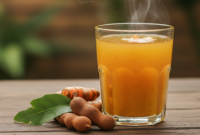 Segelas kunyit asam tradisional yang kaya manfaat untuk menjaga kesehatan tubuh dan kecantikan alami.