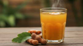 Segelas kunyit asam tradisional yang kaya manfaat untuk menjaga kesehatan tubuh dan kecantikan alami.