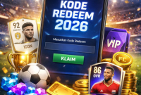 Ilustrasi kode redeem FC Mobile 2026 menampilkan ponsel dengan layar klaim kode, gems, item VIP, dan kartu pemain.