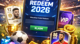 Ilustrasi kode redeem FC Mobile 2026 menampilkan ponsel dengan layar klaim kode, gems, item VIP, dan kartu pemain.