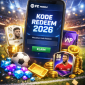 Ilustrasi kode redeem FC Mobile 2026 menampilkan ponsel dengan layar klaim kode, gems, item VIP, dan kartu pemain.