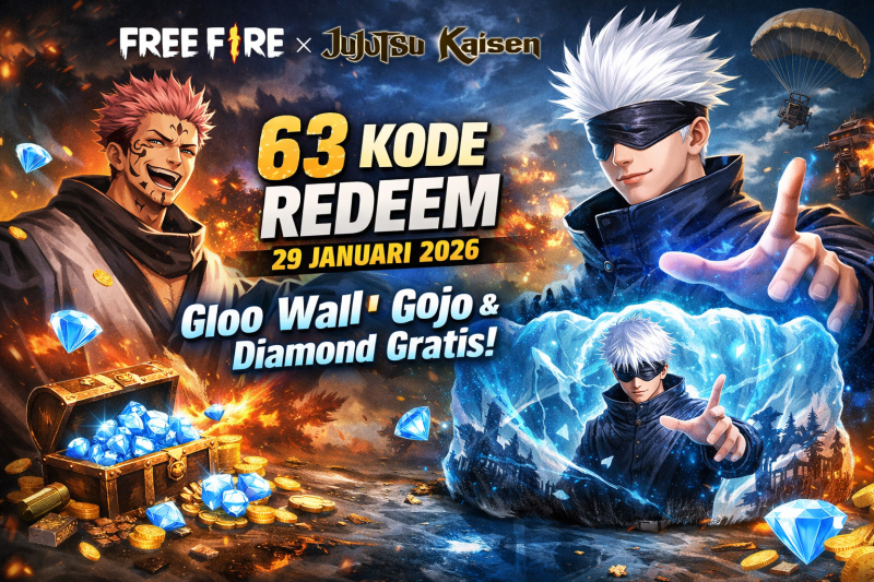 Ilustrasi Free Fire x Jujutsu Kaisen menampilkan Gloo Wall Gojo, Ryomen Sukuna, dan 63 kode redeem per 29 Januari 2026.