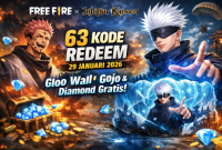 Ilustrasi Free Fire x Jujutsu Kaisen menampilkan Gloo Wall Gojo, Ryomen Sukuna, dan 63 kode redeem per 29 Januari 2026.