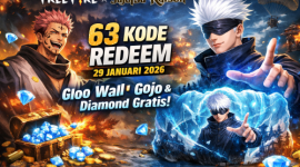 Ilustrasi Free Fire x Jujutsu Kaisen menampilkan Gloo Wall Gojo, Ryomen Sukuna, dan 63 kode redeem per 29 Januari 2026.