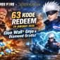 Ilustrasi Free Fire x Jujutsu Kaisen menampilkan Gloo Wall Gojo, Ryomen Sukuna, dan 63 kode redeem per 29 Januari 2026.
