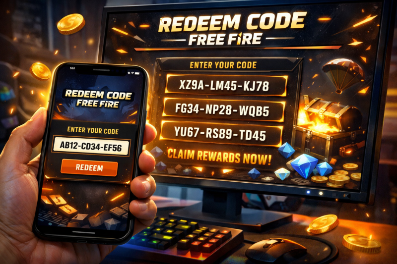 ode redeem Free Fire ditampilkan di layar dengan efek cahaya dan hadiah virtual.