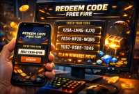 ode redeem Free Fire ditampilkan di layar dengan efek cahaya dan hadiah virtual.