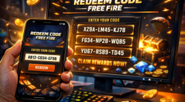 ode redeem Free Fire ditampilkan di layar dengan efek cahaya dan hadiah virtual.