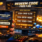 ode redeem Free Fire ditampilkan di layar dengan efek cahaya dan hadiah virtual.