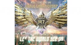 Poster M7 MLBB 2026 menampilkan logo turnamen dengan sayap emas di atas kota Jakarta, Indonesia.