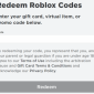 Tampilan halaman Redeem Roblox Codes di browser untuk memasukkan kode Gift Card, item virtual, atau promo.