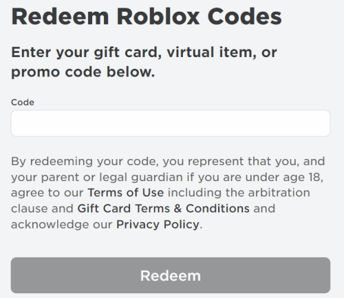 Tampilan halaman Redeem Roblox Codes di browser untuk memasukkan kode Gift Card, item virtual, atau promo.