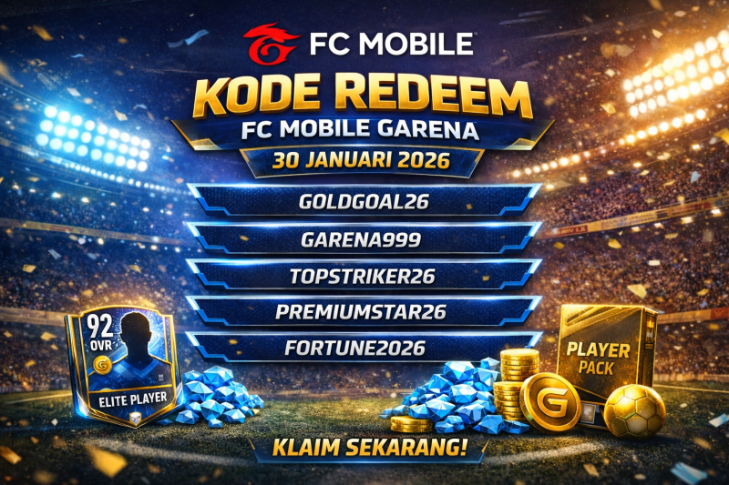 Banner kode redeem FC Mobile Garena 30 Januari 2026 dengan hadiah eksklusif.